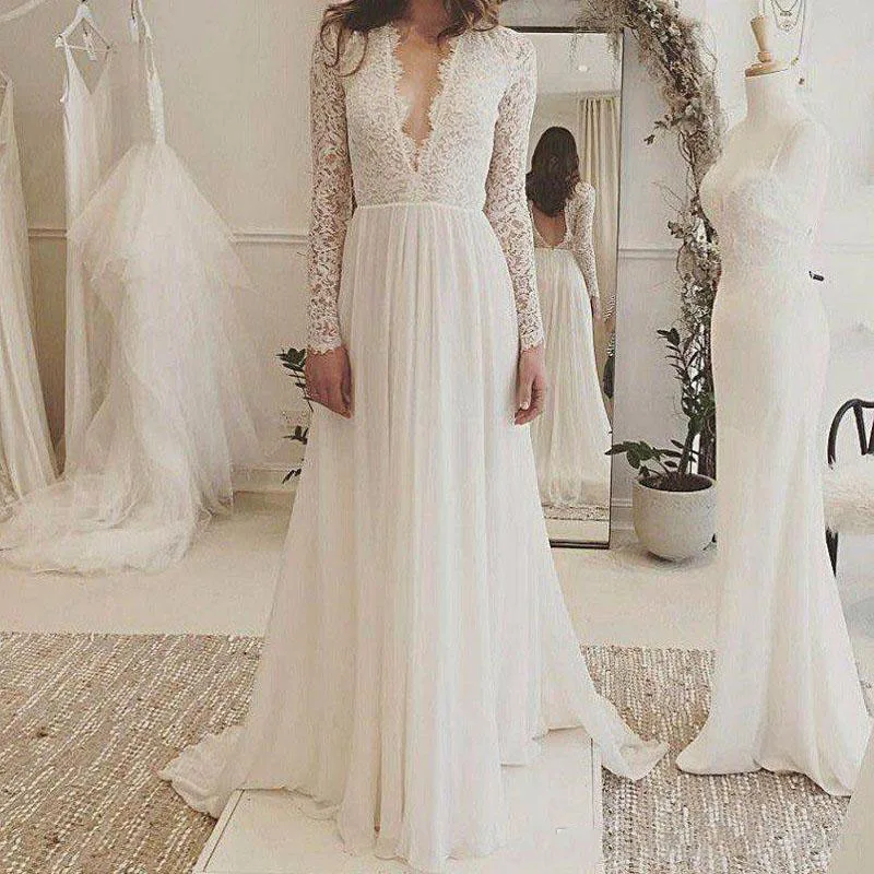 2020 Romantic Deep V Neck A Line Wedding Dresses Lace Long Sleeve Backless Sweep Train Bridal Gowns Custom Size
2020 Romantic Deep V Neck A Line Wedding Dresses Lace Long Sleeve Backless Sweep Train Bridal Gowns Custom Size