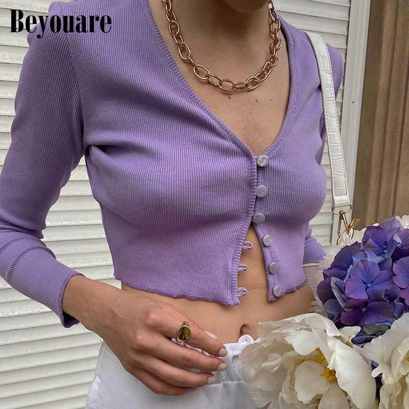 Beyouare Knitting Button T Shirt Women Casual V Neck Long Sleeve Crop Top Sexy Elegant Female Purple Slim Skinny Tops Autumn 202
Beyouare Knitting Button T Shirt Women Casual V Neck Long Sleeve Crop Top Sexy Elegant Female Purple Slim Skinny Tops Autumn 202