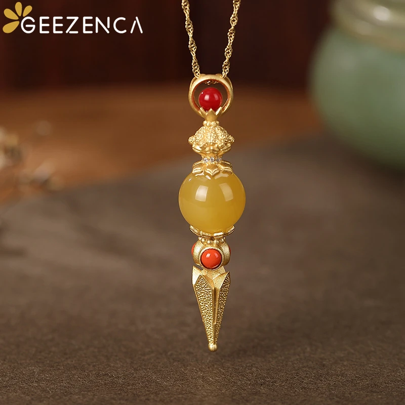 GEEZENCA S925 Silver Gold Plated Natural Amber Lotus Vajra Pendant Necklace For Women Vintage Religious Trendy Style Necklaces
GEEZENCA S925 Silver Gold Plated Natural Amber Lotus Vajra Pendant Necklace For Women Vintage Religious Trendy Style Necklaces