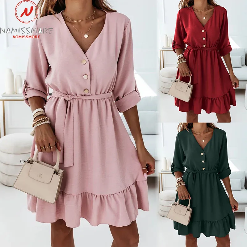 Fashion Women Solid Color A-Line Dress Single-Breasted Design Bandage Ruffles Decor V-Neck Long Sleeve Mid Waist Slim Mini Dress
Fashion Women Solid Color A-Line Dress Single-Breasted Design Bandage Ruffles Decor V-Neck Long Sleeve Mid Waist Slim Mini Dress
