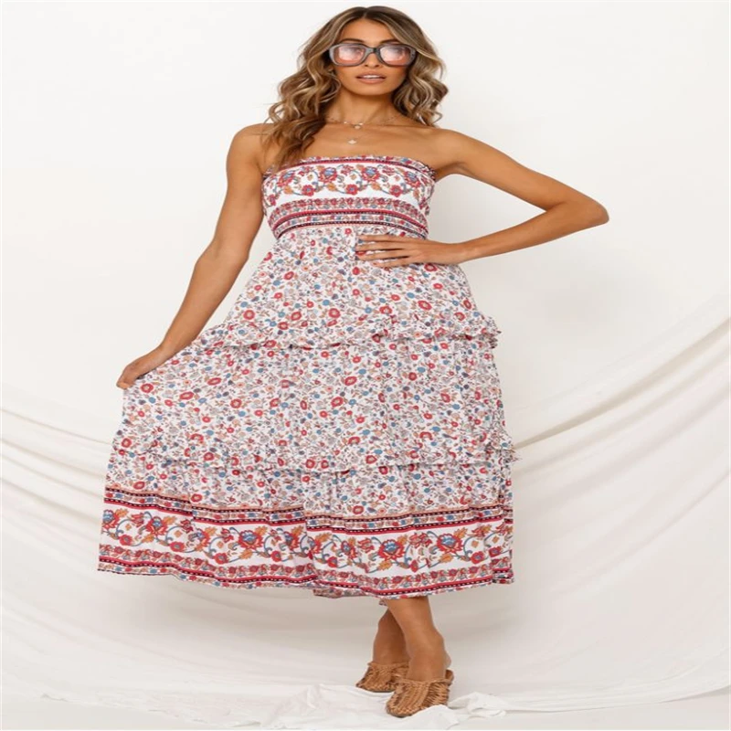 2021 Red Floral Printed Women's Summer Bohemian Strapless Dresses Splicing Ruffle Long Maxi Dress Sexy Backless Beach Party Robe
2021 Red Floral Printed Women's Summer Bohemian Strapless Dresses Splicing Ruffle Long Maxi Dress Sexy Backless Beach Party Robe