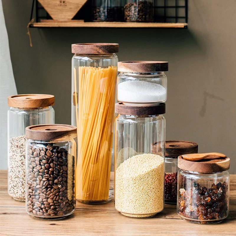 Glass Storage Bottle Container Wooden Lid Sealed Moisture-proof Jar Coffee Bean Pasta Grain Oatmeal Kitchen | Дом и сад