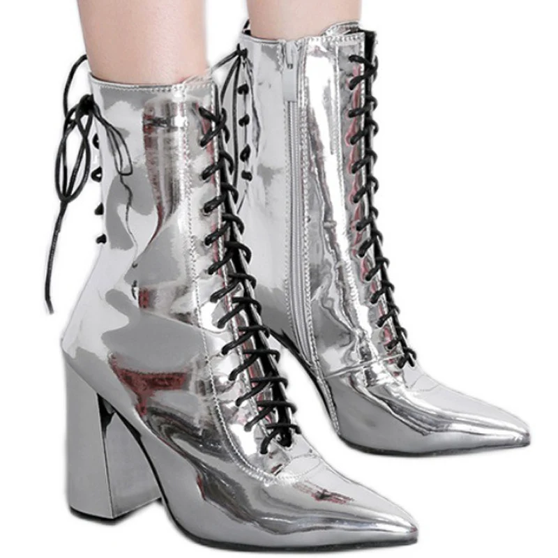 Pointed Silver Motorcycle Boots Women's Boots Europe 10CM High Heels Boots Surface Plating Lace Up Winter Shoes
Pointed Silver Motorcycle Boots Women's Boots Europe 10CM High Heels Boots Surface Plating Lace Up Winter Shoes