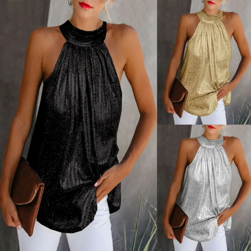 Women's Ladies Summer Top Sleeveless Solid Turtleneck Tie Collar TunicT-Shirt | Женская одежда