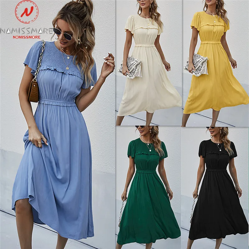 Fashion Women Solid Color A-Line Dress Shrinkage Design Ruffles Decor O-Neck Short Sleeve Mid Waist Slim Pullovers Long Dress
Fashion Women Solid Color A-Line Dress Shrinkage Design Ruffles Decor O-Neck Short Sleeve Mid Waist Slim Pullovers Long Dress