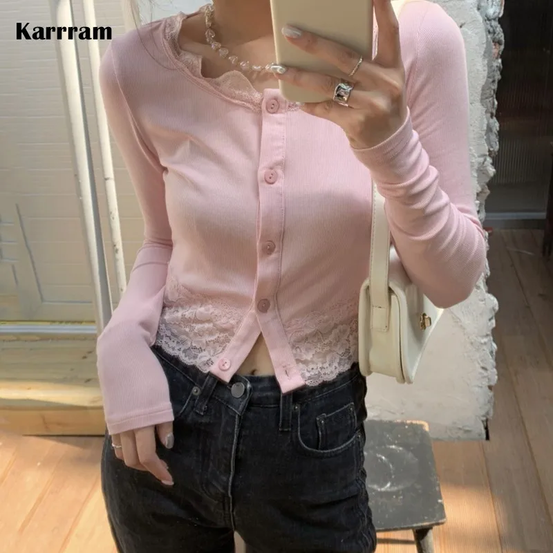 Karrram Korean Fashion Lace Patchwork Cropped Cardigans Spring Autumn Pink O-neck Knitted Cardigan Harajuku Ladies Crop Top
Karrram Korean Fashion Lace Patchwork Cropped Cardigans Spring Autumn Pink O-neck Knitted Cardigan Harajuku Ladies Crop Top