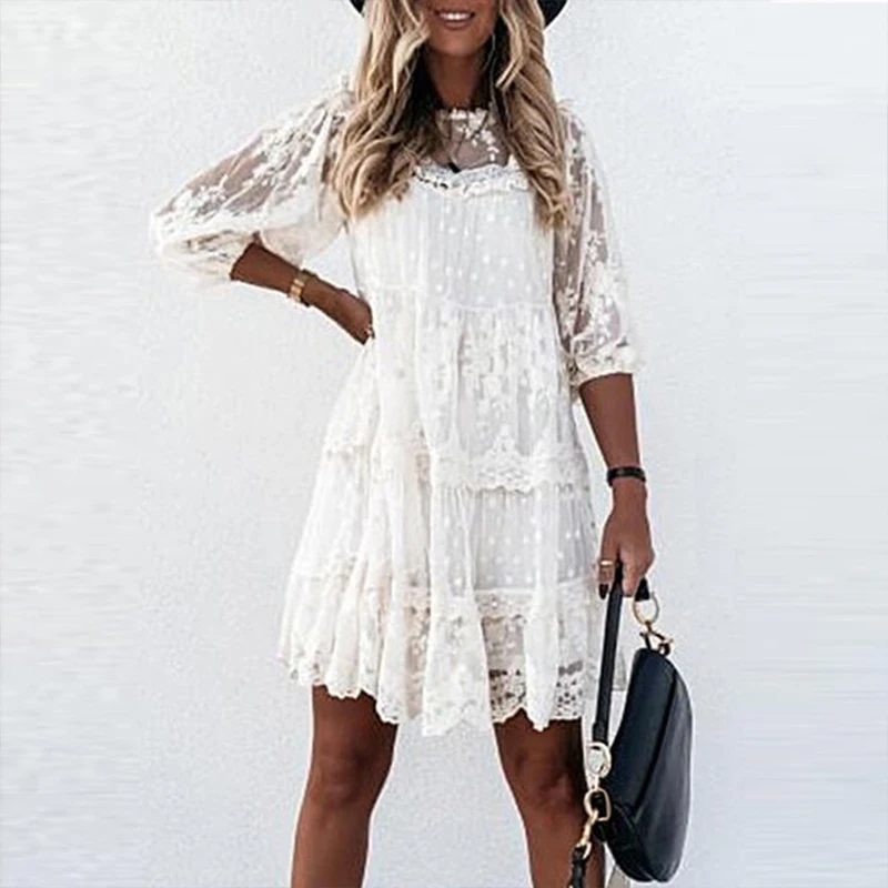 2021 Spring Embroidery Lace Mesh Party Dress Elegant Solid 3/4 Sleeve Ruffle Mini Dress Women Fashion O Neck Loose Dress Vestido
2021 Spring Embroidery Lace Mesh Party Dress Elegant Solid 3/4 Sleeve Ruffle Mini Dress Women Fashion O Neck Loose Dress Vestido