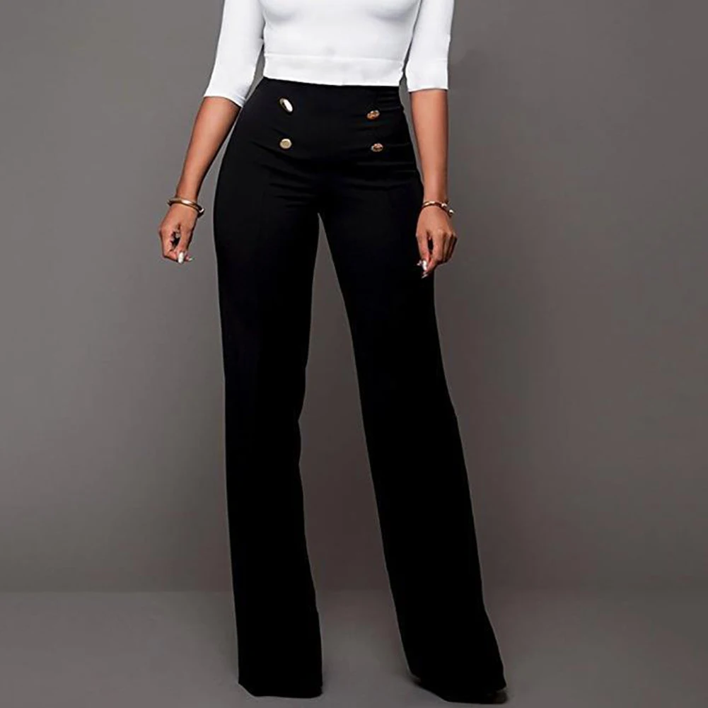 Фото Брюки Женские однотонные с завышенной талией пикантные офисные штаны широкими