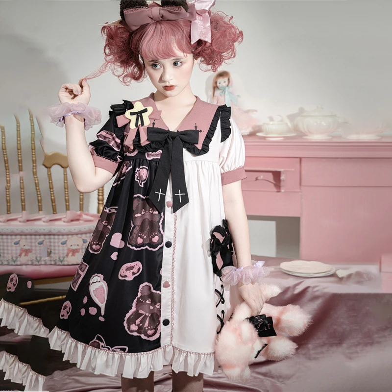 

Jaoanese Women Lolita Dress Bear Crown Kawaii Victory Cute Loli Doll Collar Skirt Daily Soft Sister Button Loose Style Ruffles