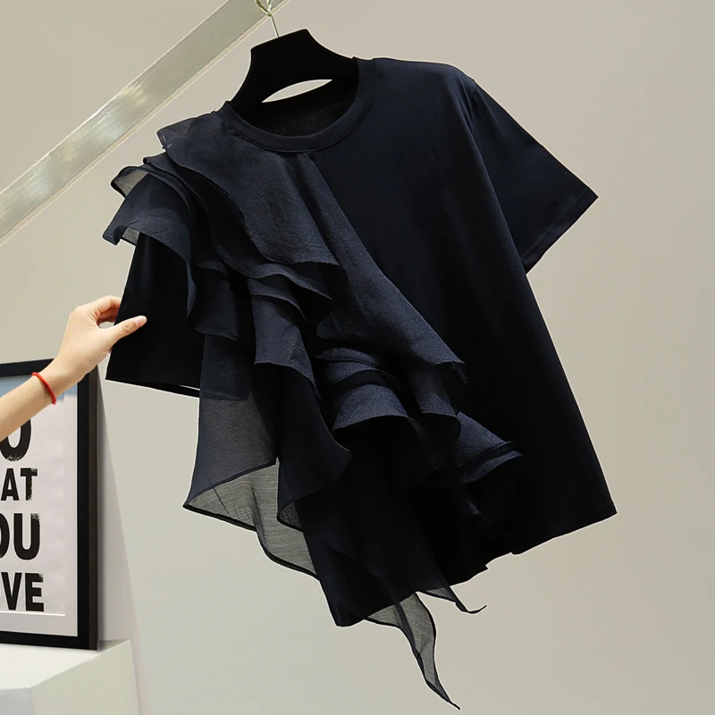Irregular Ruffled Patchwork Short Sleeve T-shirt Woman 2021 Summer Korean Style Loose Cotton Shirts Girl Lady's Casual Tops
Irregular Ruffled Patchwork Short Sleeve T-shirt Woman 2021 Summer Korean Style Loose Cotton Shirts Girl Lady's Casual Tops
