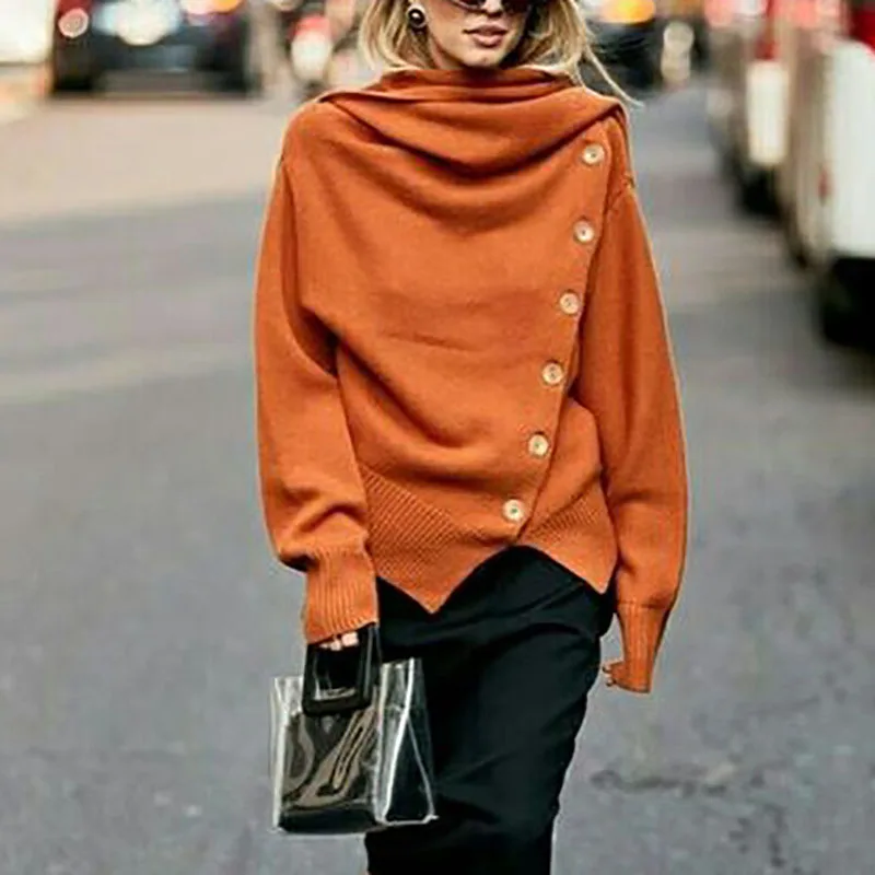 Women Spring Autumn Warm Scarf Collar Casual Tops Femme Long Sleeve Button Patchwork Sweater Solid Outdoor Loose Orange Pullover 
Women Spring Autumn Warm Scarf Collar Casual Tops Femme Long Sleeve Button Patchwork Sweater Solid Outdoor Loose Orange Pullover