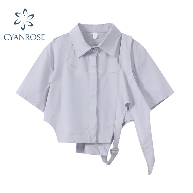 

Женская Асимметричная рубашка с отложным воротником, модная пикантная укороченная блузка с коротким рукавом в Корейском стиле, лето 2021