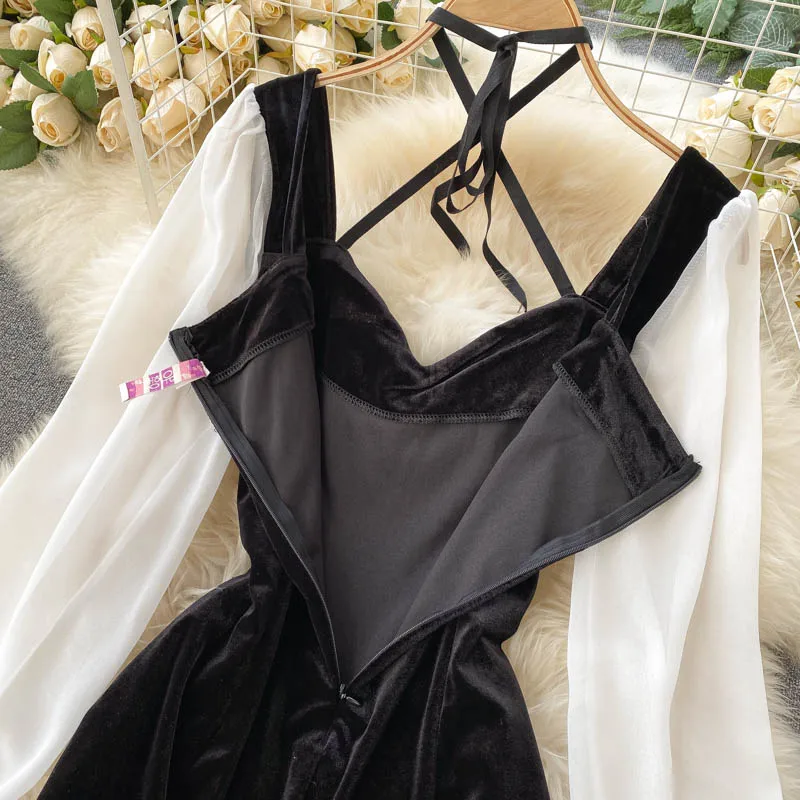 Vintage Halter Velvet Patchwork Bandage Dress Women Casual Long Sleeve High Waist Bodycon Vestidos Female Autumn Winter 2020 New
Vintage Halter Velvet Patchwork Bandage Dress Women Casual Long Sleeve High Waist Bodycon Vestidos Female Autumn Winter 2020 New