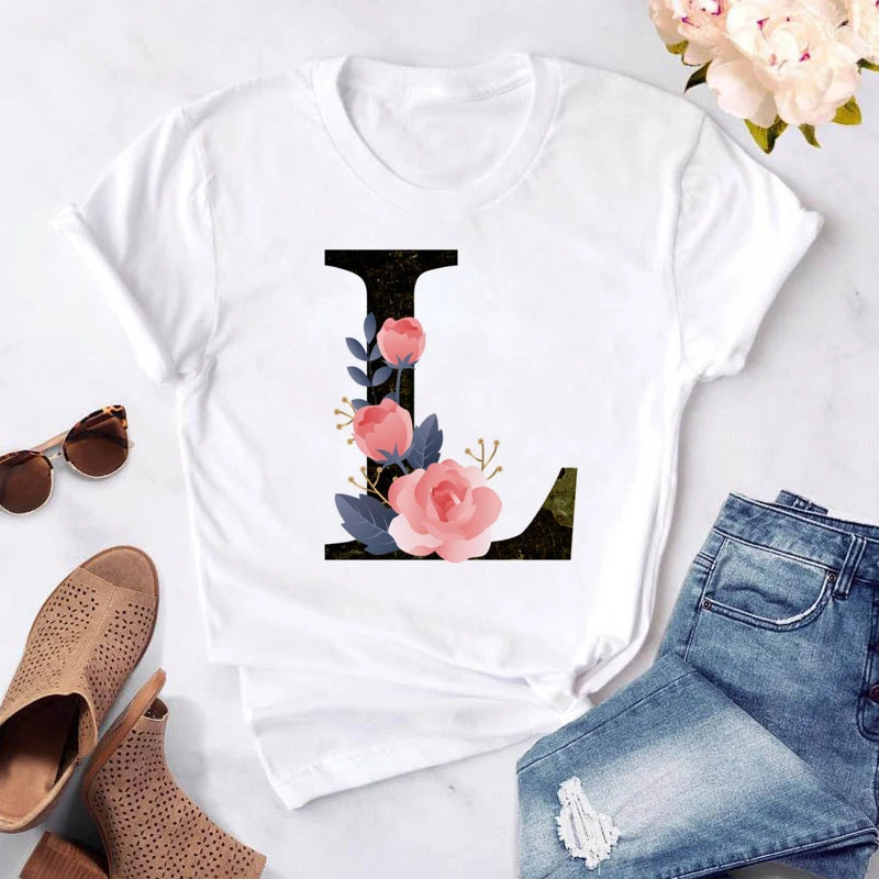 New Fashion 26 English ABCD Letters Flower Printed Women T-shirt Girls Cartoon Tops Female Casual Short Sleeve Tshirts Summer
New Fashion 26 English ABCD Letters Flower Printed Women T-shirt Girls Cartoon Tops Female Casual Short Sleeve Tshirts Summer