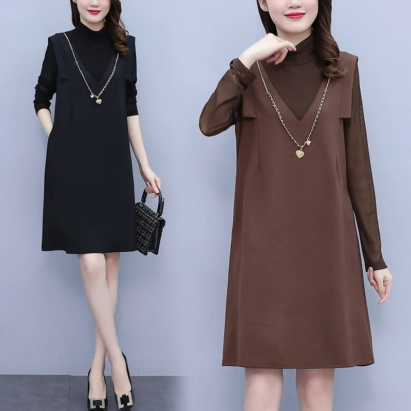 Women's dress 2021 Spring and Autumn new fashionable stylish turtleneck patchwork loose slimming belly-covered fake two plus siz
Women's dress 2021 Spring and Autumn new fashionable stylish turtleneck patchwork loose slimming belly-covered fake two plus siz