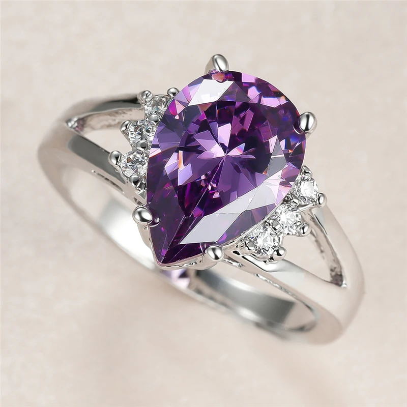Elegant Female Crystal Water Drop Ring Charm Silver Color Wedding Rings For Women Promise Bride Purple Zircon Engagement Ring
Elegant Female Crystal Water Drop Ring Charm Silver Color Wedding Rings For Women Promise Bride Purple Zircon Engagement Ring