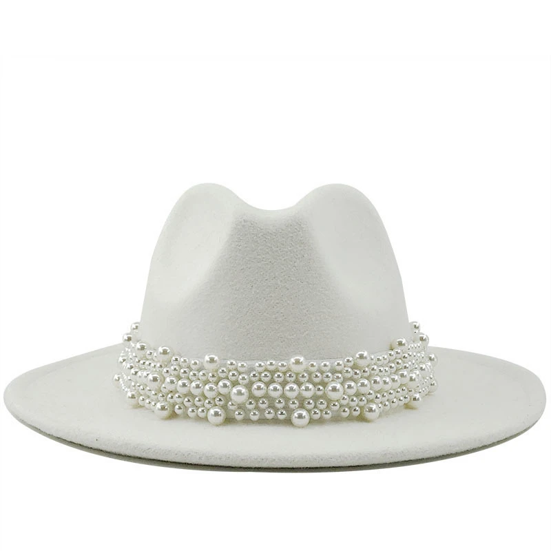 Wool Jazz Fedora Hats Casual Men Women Leather Pearl ribbon Felt Hat white pink yellow Panama Trilby Formal Party Cap 58-61CM
Wool Jazz Fedora Hats Casual Men Women Leather Pearl ribbon Felt Hat white pink yellow Panama Trilby Formal Party Cap 58-61CM