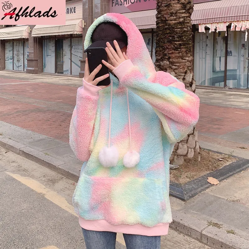 Rainbow Tie-Dye Lamb Long Sleeve Women's Clothing Korean Style Sweet Loose Thick Hooded Plus Size Casual Streetwear Coats
Rainbow Tie-Dye Lamb Long Sleeve Women's Clothing Korean Style Sweet Loose Thick Hooded Plus Size Casual Streetwear Coats