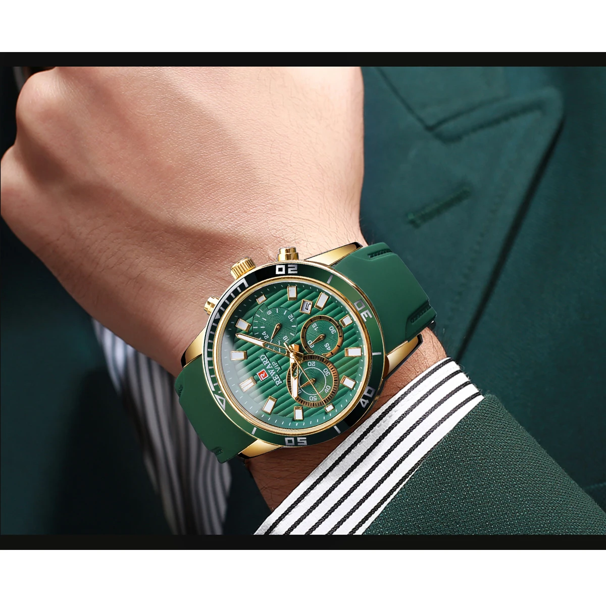 Часы с зеленым циферблатом и календарем спортивные наручные часы в стиле