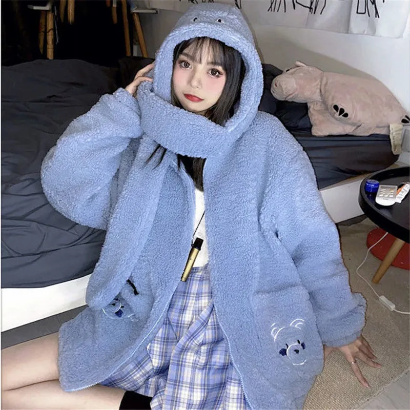 Zip-up Plush Women Hoodie Fleece Loose Scarf Hooded Winter Warm Bear Sweatshirt Coats Soft Cute Kawaii Girls Hoodies Outwear 
Zip-up Plush Women Hoodie Fleece Loose Scarf Hooded Winter Warm Bear Sweatshirt Coats Soft Cute Kawaii Girls Hoodies Outwear