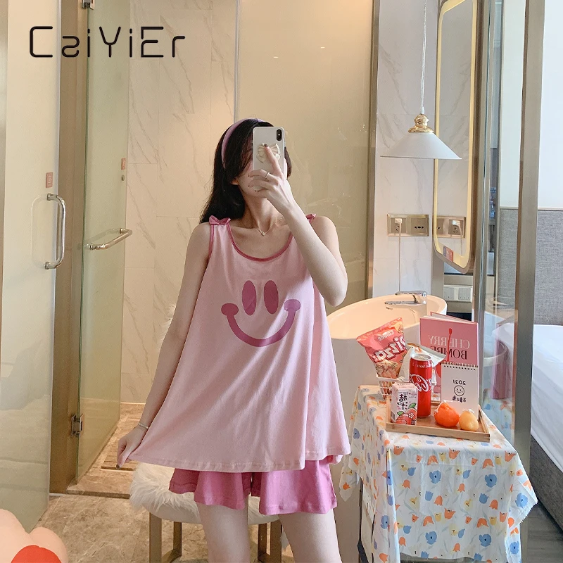 CAIYIER 2021 Summer Women Cotton Pajamas Set Sexy Sleeveless Shorts Sleepwear Smile Print Cute Girl Casual Female Homewear Suit
CAIYIER 2021 Summer Women Cotton Pajamas Set Sexy Sleeveless Shorts Sleepwear Smile Print Cute Girl Casual Female Homewear Suit