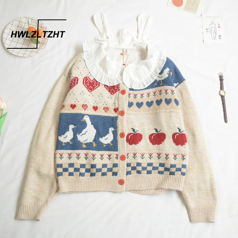 HWLZLTZHT Japan Style Sweet Duck and Apple Jacquard Sweater Cardigan Harajuku Mori Girl Retro Jacket Coat Women Knitted Cardigan
HWLZLTZHT Japan Style Sweet Duck and Apple Jacquard Sweater Cardigan Harajuku Mori Girl Retro Jacket Coat Women Knitted Cardigan