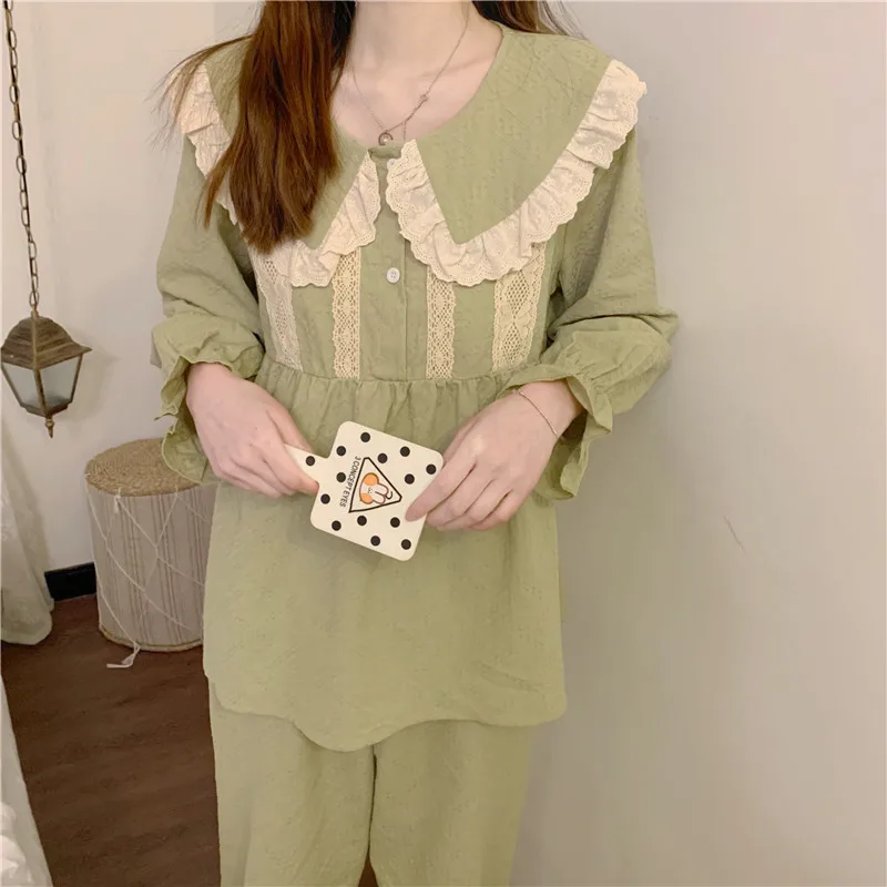 CBAFU peter pan collar nightwear 2 piece set home suit cotton pajama set long sleeve top pants pyjamas trouser suit M563 
CBAFU peter pan collar nightwear 2 piece set home suit cotton pajama set long sleeve top pants pyjamas trouser suit M563