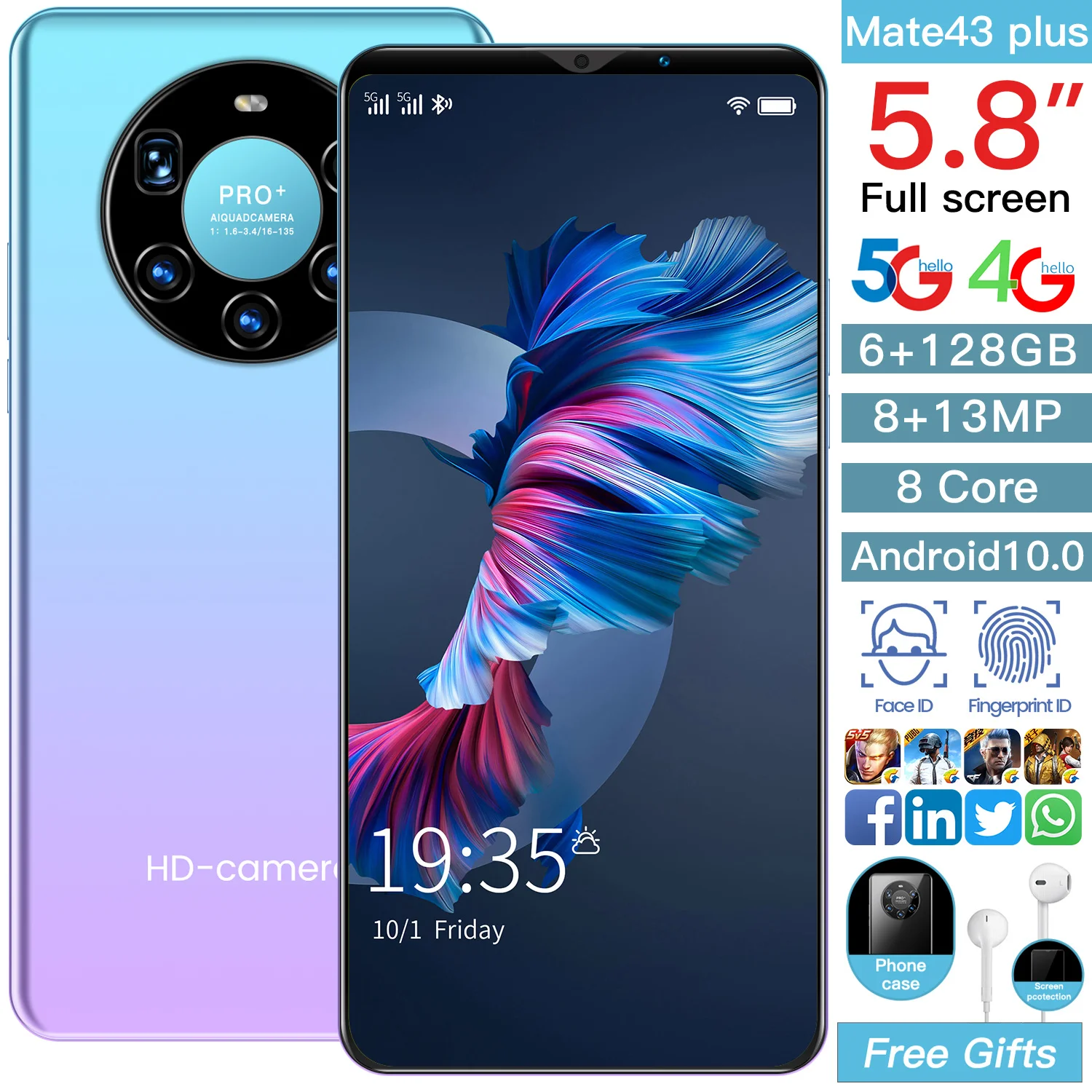 Mate43 Plus 2021 Global Version5.8 Inch Smartphone 6+128GB 8+13MP Andriod 10 Mobile Phones Face Unlock 8 Core Dual SIM 4G 5G
Mate43 Plus 2021 Global Version5.8 Inch Smartphone 6+128GB 8+13MP Andriod 10 Mobile Phones Face Unlock 8 Core Dual SIM 4G 5G