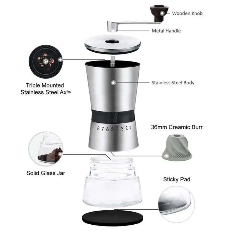 Manual Stainless Steel Hand Crank Grinding Conical Ceramic Coffee Grinder Mill Adjustable Settings Coffee Grinders Handmade Tool 
Manual Stainless Steel Hand Crank Grinding Conical Ceramic Coffee Grinder Mill Adjustable Settings Coffee Grinders Handmade Tool