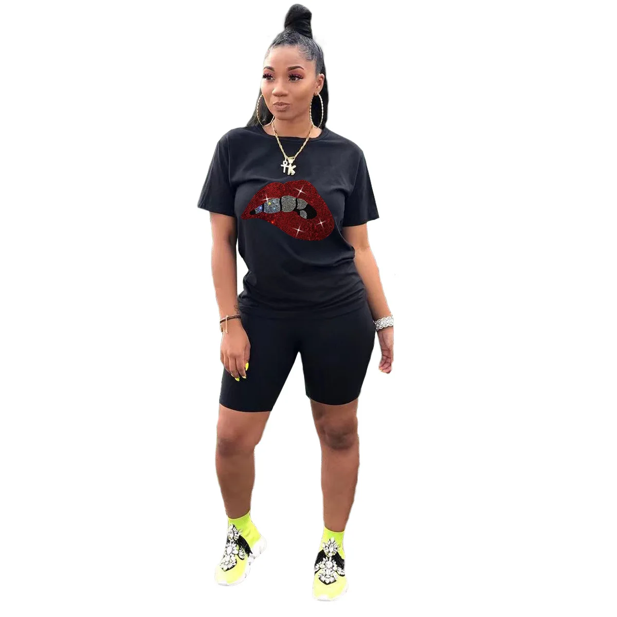 2piece Set Women Matching Sets Summer Two Piece Set 2021 Rhinestone Lips 2 Pieces Outfit Casual Black T Shirt and Shorts Set
2piece Set Women Matching Sets Summer Two Piece Set 2021 Rhinestone Lips 2 Pieces Outfit Casual Black T Shirt and Shorts Set