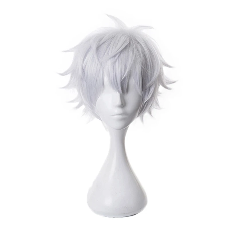 

Anime Jujutsu Kaisen Gojo Satoru Silver White Short Fluffy Layered Synthetic Hair Cosplay Wigs + Wig Cap