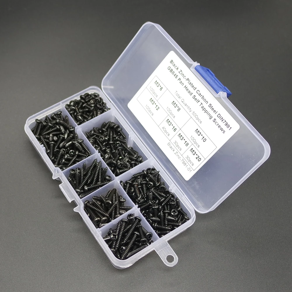 500pcs Stainless Steel M3 black carbon Round Head Self Tapping Screw Assortments
500pcs Stainless Steel M3 black carbon Round Head Self Tapping Screw Assortments