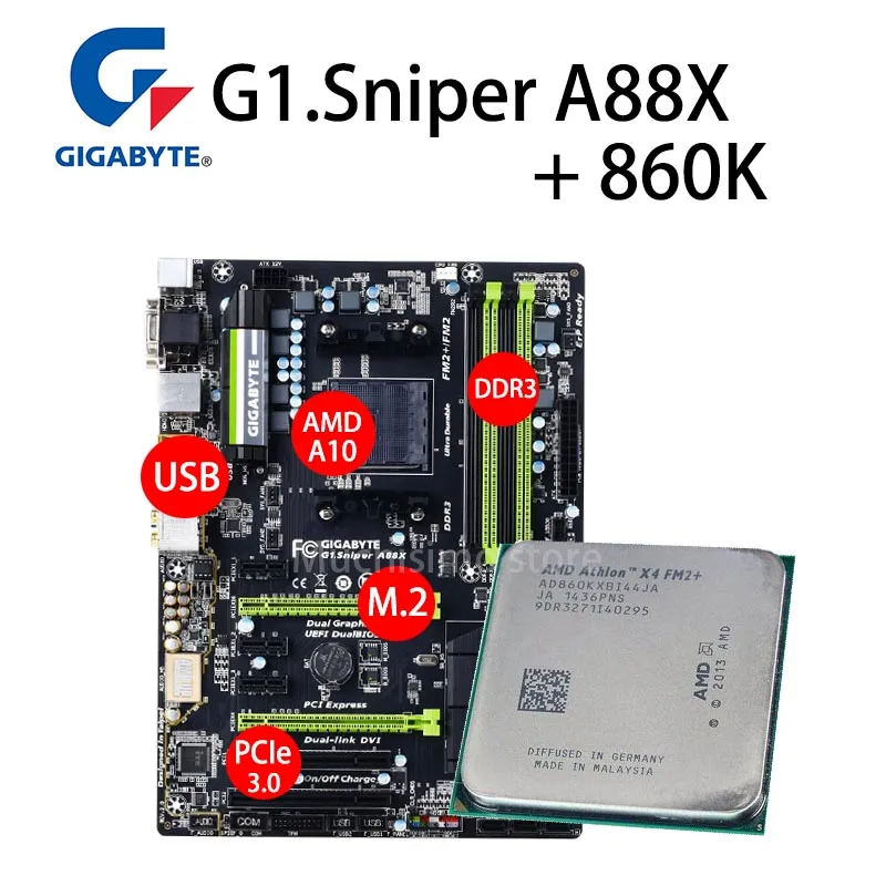 Комплект материнской платы FM2/FM2 + Gigabyte GA G1.Sniper A88X 860K AMD Athlon X4 PCI E 3 0 64 ГБ DDR3