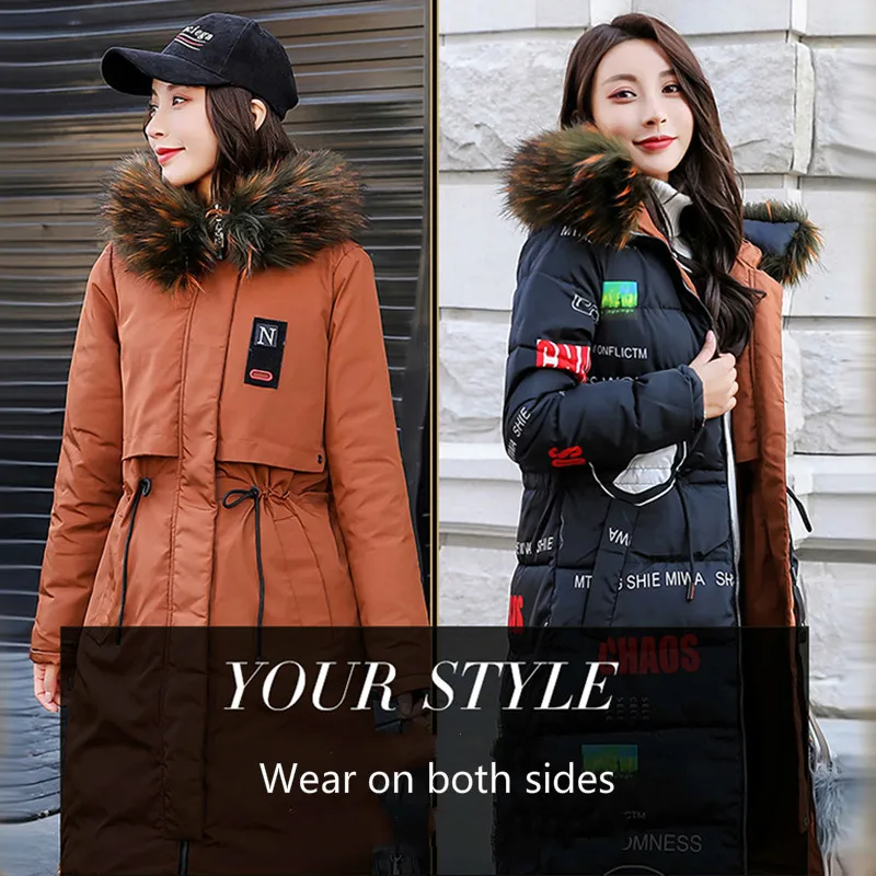 

Double-sided Wear Parka Winter Jacket Women Hooded Large Fur Collar Korean Long Coat Woman Parkas Jaqueta Feminina KJ641