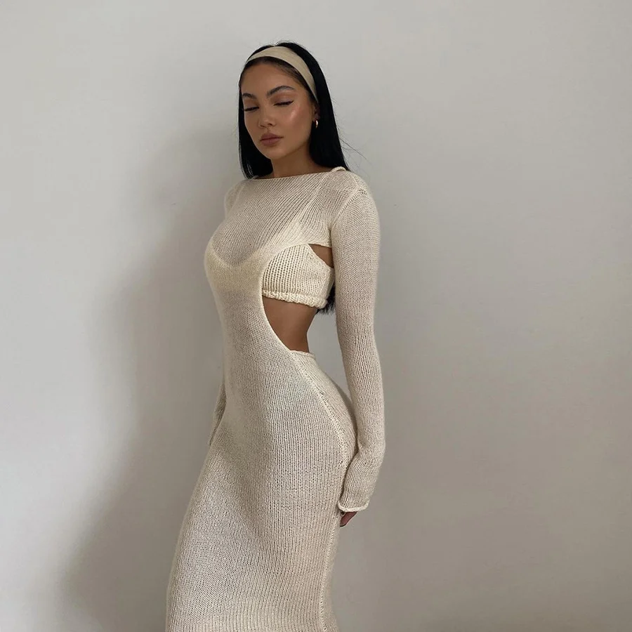 SHEYIJUN 2021 Fall Knit See Through Long Sleeve Maxi Dress with Women Elegant Backless Cut Out Shawl Dresses 2 Pieces Set 
SHEYIJUN 2021 Fall Knit See Through Long Sleeve Maxi Dress with Women Elegant Backless Cut Out Shawl Dresses 2 Pieces Set