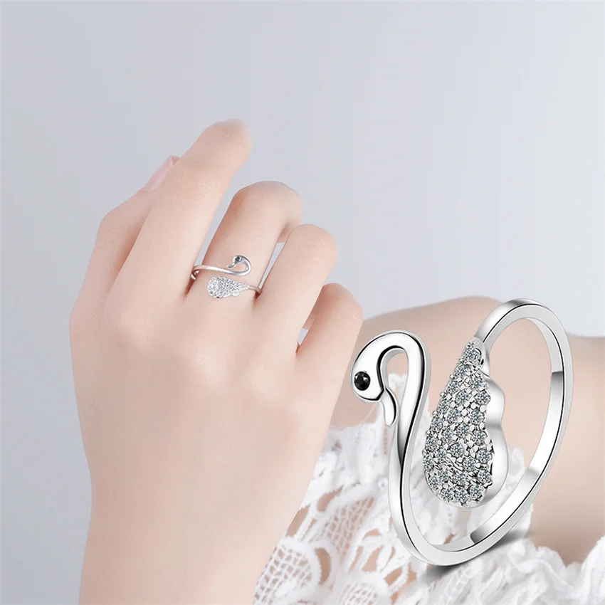 

Женское регулируемое кольцо с цирконом, Элегантное открытое обручальное кольцо с лебедем, ювелирное украшение для свадьбы, Подарочная бижу...