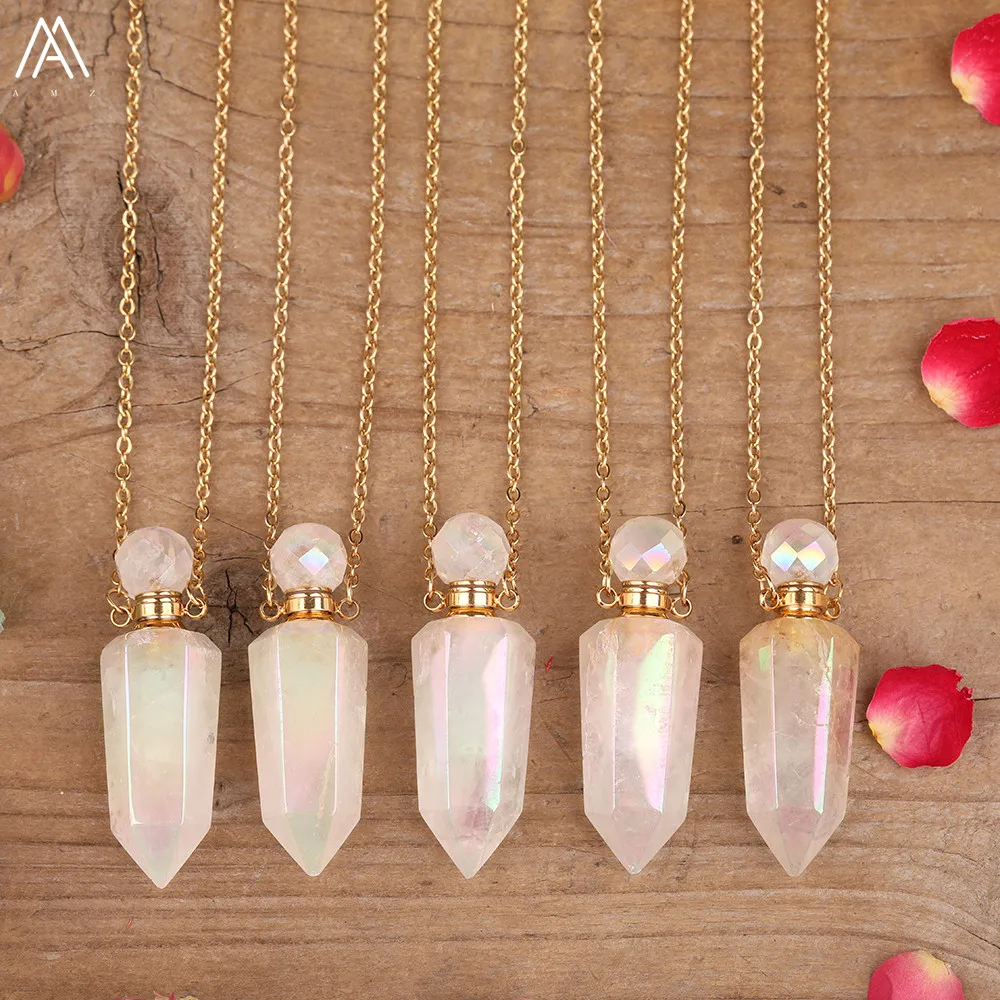Titanium AB White Quartz Stone Faceted Point Perfume Bottle Pendant Necklace Boho Women Aura Crystal Stone Oil Bottle Necklace
Titanium AB White Quartz Stone Faceted Point Perfume Bottle Pendant Necklace Boho Women Aura Crystal Stone Oil Bottle Necklace