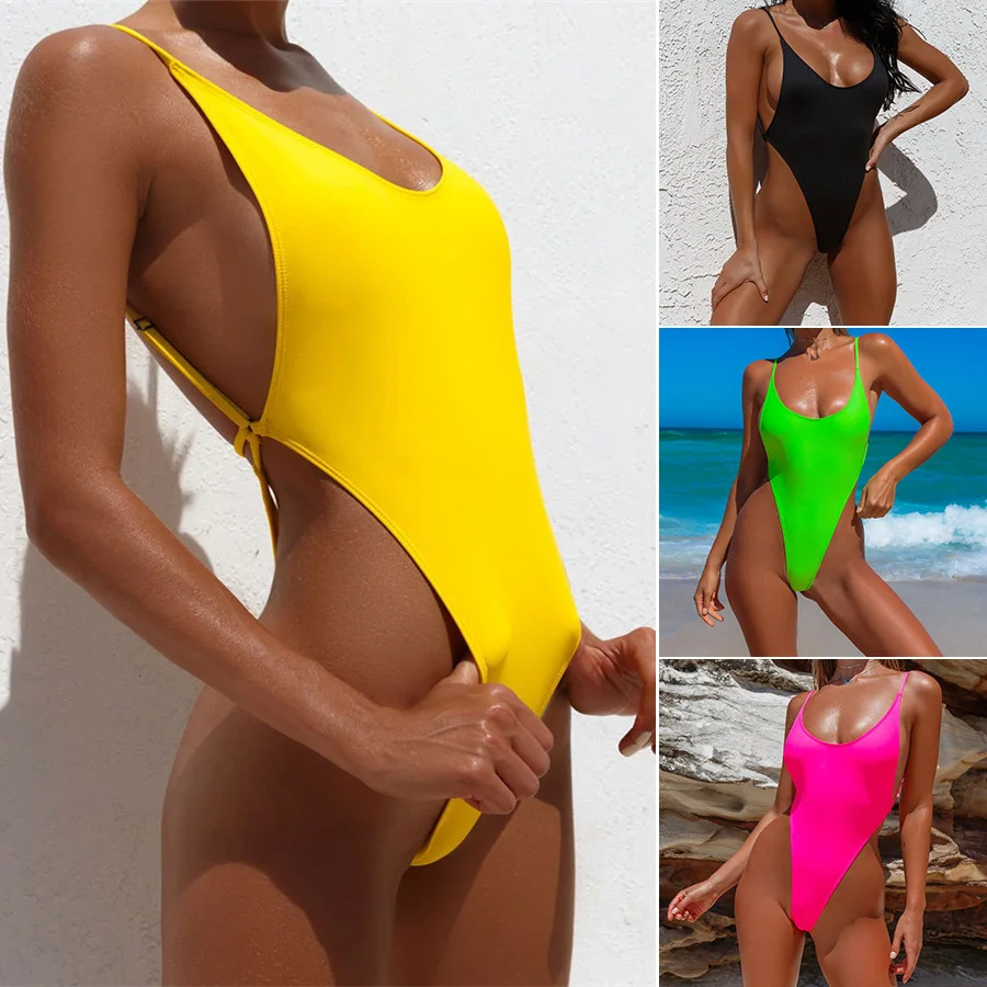 

Sexy Thong Swimsuit One Piece Bathing Suits Tanga High Leg Cut Swimwear Woman Swim Fused Solid Monokini Badpak Swimsuits