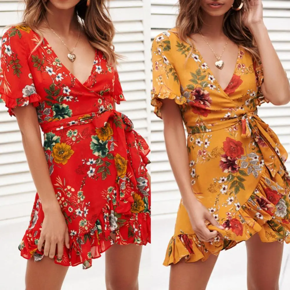 

Hot Sales Women Floral Print Lace Up Ruffle Short Sleeve V Neck Summer Beach Mini Dress