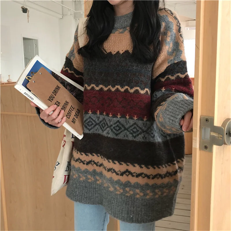 Women Clothing Pullovers Vintage Loose Casual Sweaters Geometric Retro Lazy Harajuku Korean Style Female Top Pullover Ropa Mujer
Women Clothing Pullovers Vintage Loose Casual Sweaters Geometric Retro Lazy Harajuku Korean Style Female Top Pullover Ropa Mujer