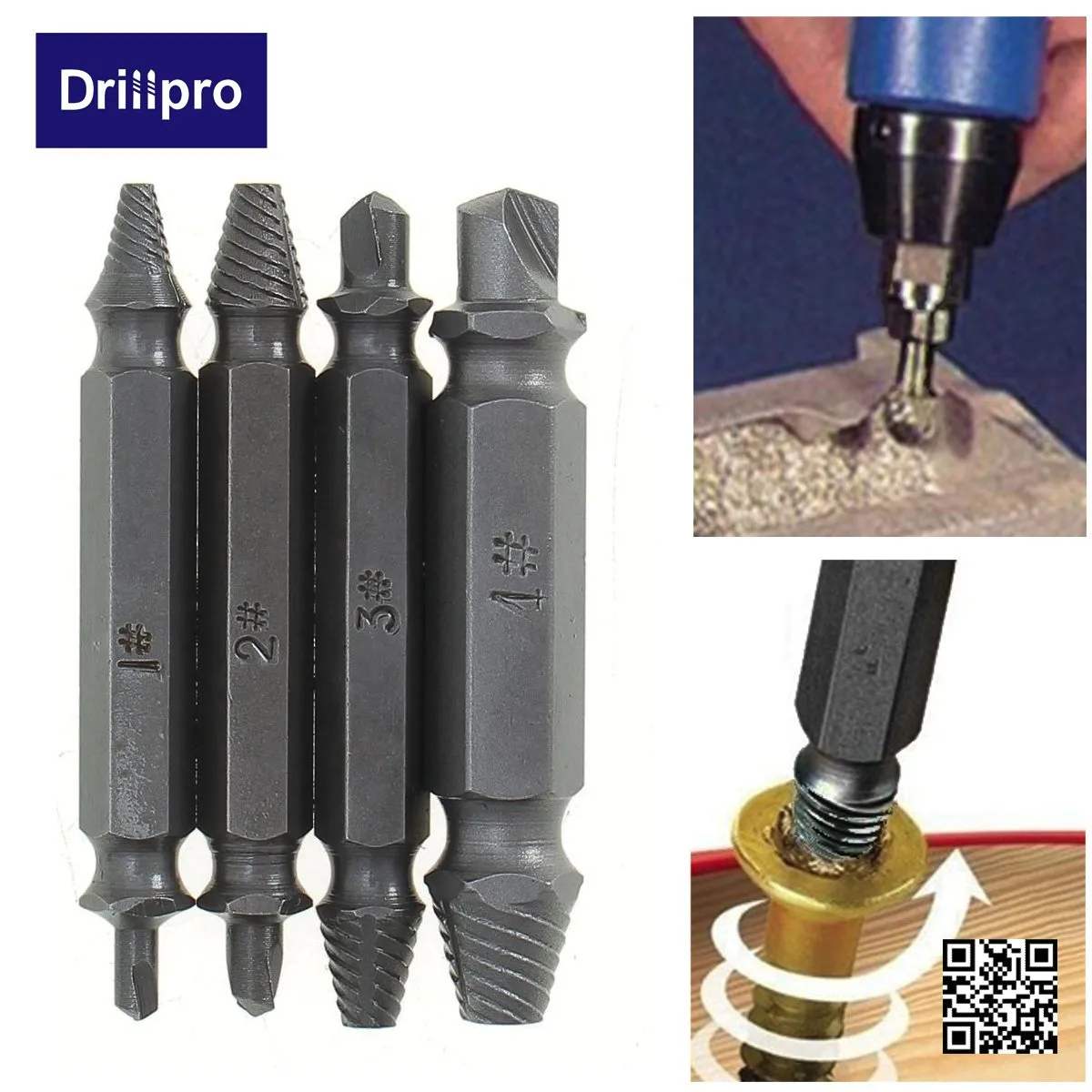 4Pcs Double Side Drill Out Damaged Screw Extractor Out Remover Handymen Broken Bolt Stud Removal Tool Kit #1 #2 #3 #4 With Case 
4Pcs Double Side Drill Out Damaged Screw Extractor Out Remover Handymen Broken Bolt Stud Removal Tool Kit #1 #2 #3 #4 With Case
