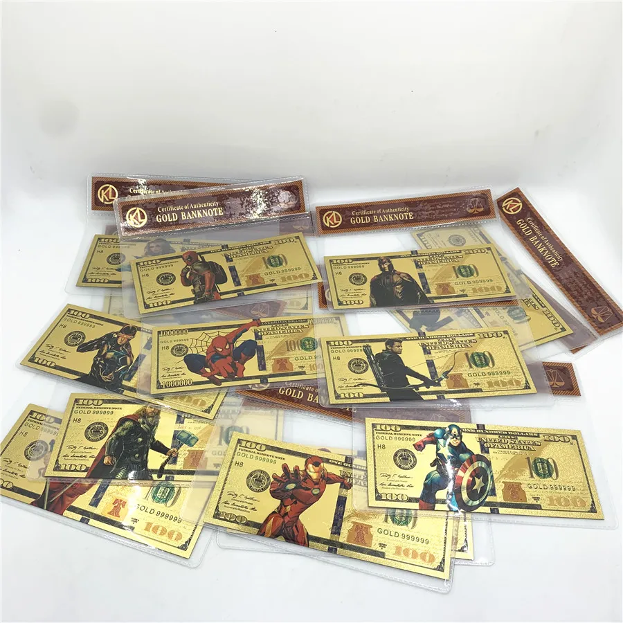 Hot sale Hero serie 24k gold banknote Usa 100 dollar prop money super star souvenir plastic card for men gifts for fans
Hot sale Hero serie 24k gold banknote Usa 100 dollar prop money super star souvenir plastic card for men gifts for fans