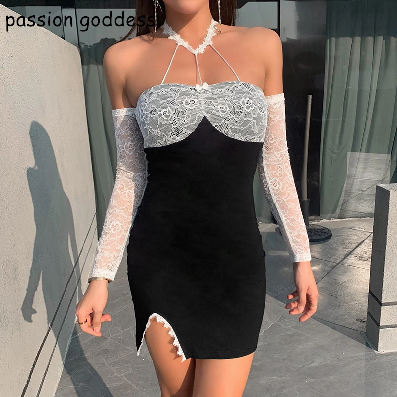 Summer Women New White Lace Patchwork Black Bodycon Gothic Dress Strapless Off The Shoulder Long Sleeve Mini Sexy Party Dress
Summer Women New White Lace Patchwork Black Bodycon Gothic Dress Strapless Off The Shoulder Long Sleeve Mini Sexy Party Dress
