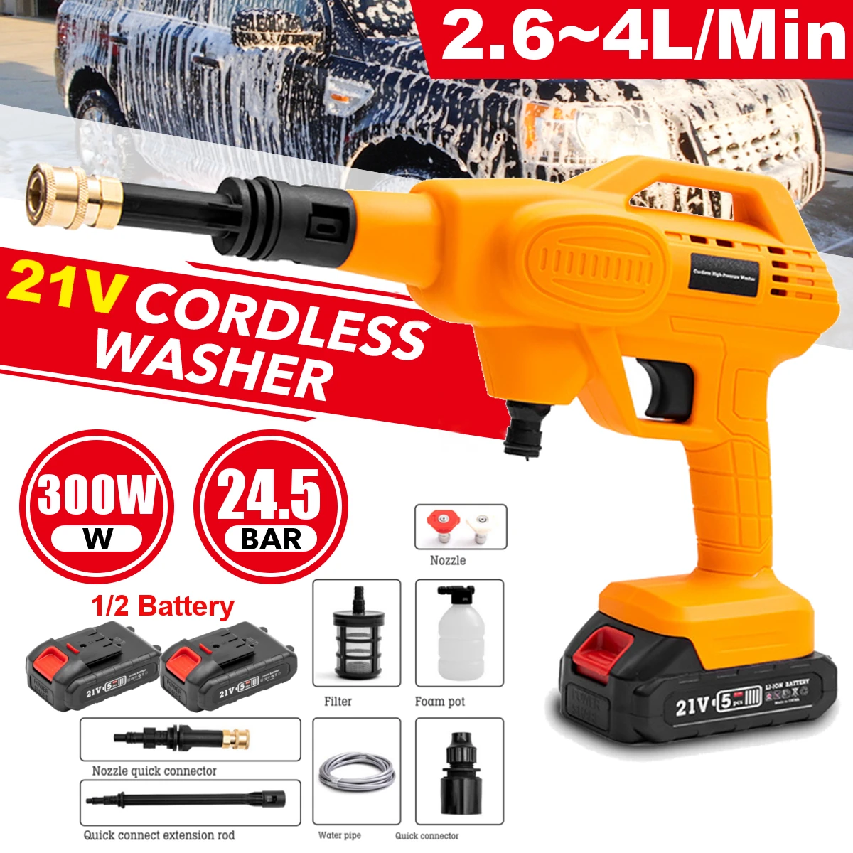 300W 21V 24.5Bar Wireless High Pressure Car Wash Water Gun Portable High Pressure Washer Foam Generator for 1/2 Makita Battery
300W 21V 24.5Bar Wireless High Pressure Car Wash Water Gun Portable High Pressure Washer Foam Generator for 1/2 Makita Battery