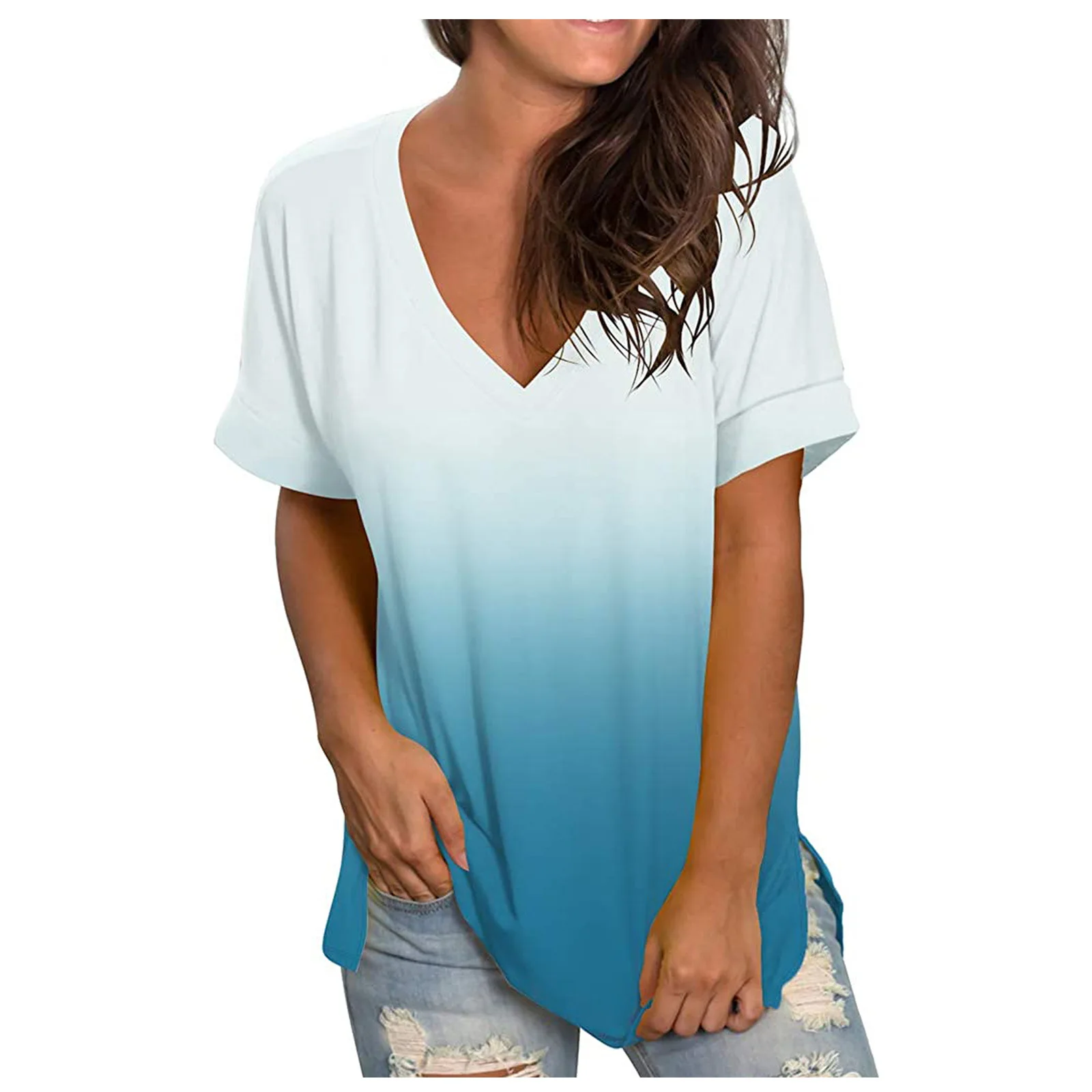 Fashion Gradient t Shirt Women Top Tie dye V Neck Short Sleeve Pullover Women Clothing Casual Ladies Top Loose Women t Shirt
Fashion Gradient t Shirt Women Top Tie dye V Neck Short Sleeve Pullover Women Clothing Casual Ladies Top Loose Women t Shirt