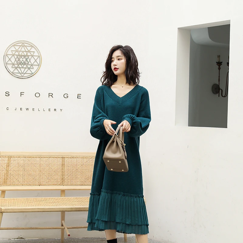 2021 Spring Autumn New Plus Size Knitted Dress Women V Neck Lantern Sleeve Hem Chiffon Splice Long Sweater Dresses Vestidos 5XL
2021 Spring Autumn New Plus Size Knitted Dress Women V Neck Lantern Sleeve Hem Chiffon Splice Long Sweater Dresses Vestidos 5XL