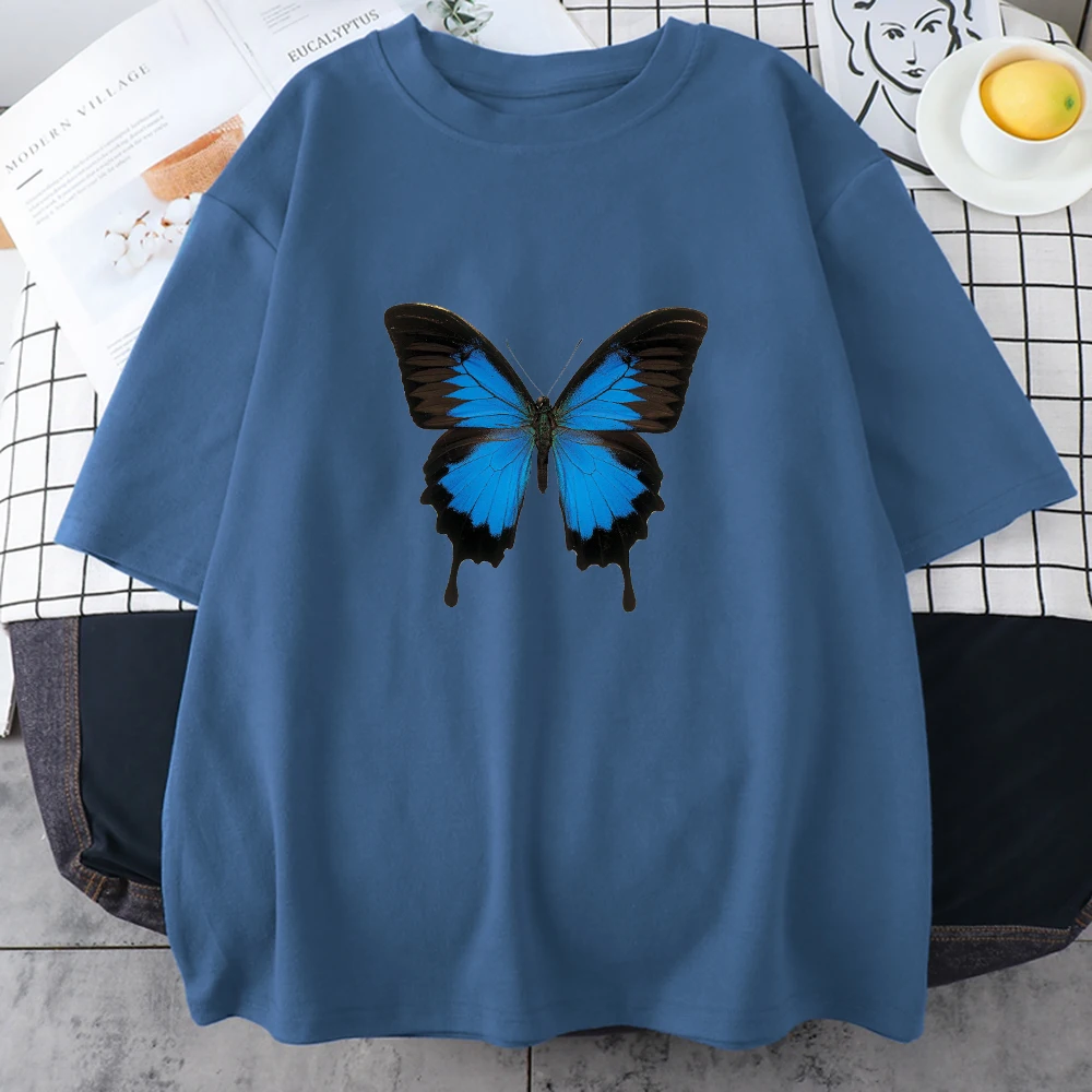 

Футболка женская оверсайз с принтом бабочек, Повседневная Свободная рубашка в стиле Харадзюку, винтажная одежда в стиле хип-хоп, голубая кр...