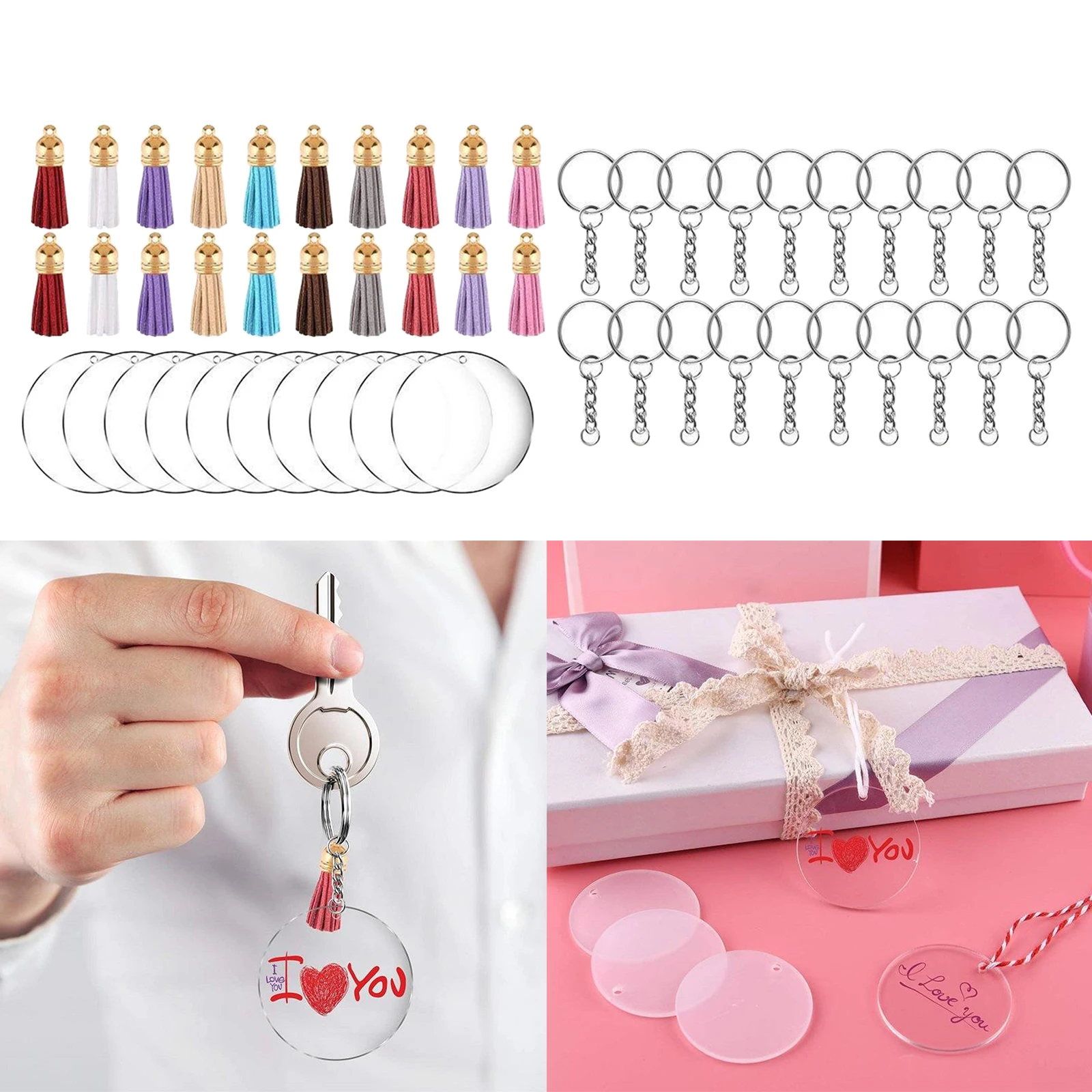 90Pcs Acrylic Keychain Blanks, Transparent Round Acrylic Discs Circles, Colorful Tassel Pendants for DIY Projects and Crafts
90Pcs Acrylic Keychain Blanks, Transparent Round Acrylic Discs Circles, Colorful Tassel Pendants for DIY Projects and Crafts
