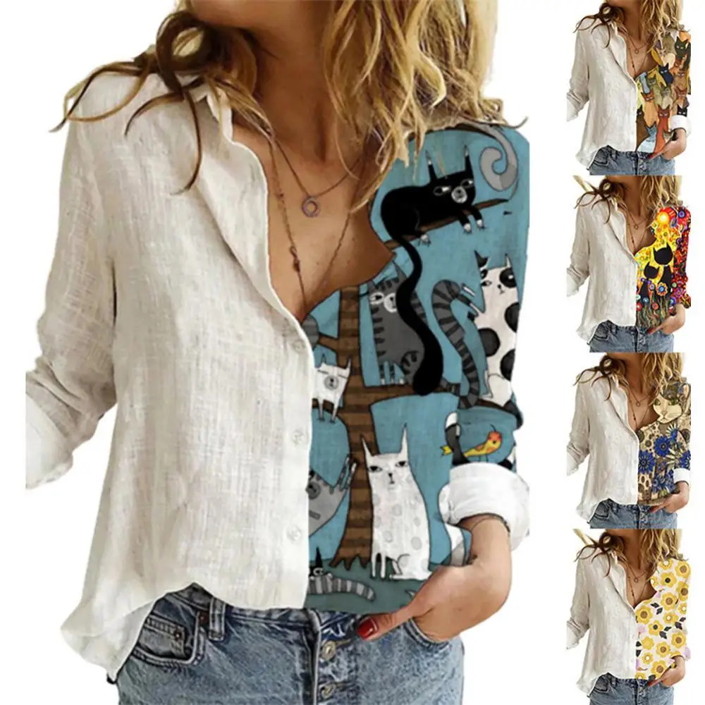 Fashion Women Shirt Buttons Long Sleeve Sunflower Cats Patchwork Blouses Office Shirt Women's Clothing 2021
Fashion Women Shirt Buttons Long Sleeve Sunflower Cats Patchwork Blouses Office Shirt Women's Clothing 2021