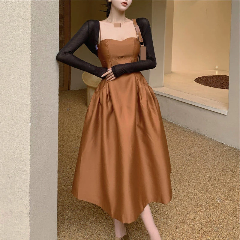

French palace style fluffy a-line big swing waist l dress suspender dress female autumn mid-length vestidos mujer A-LINE